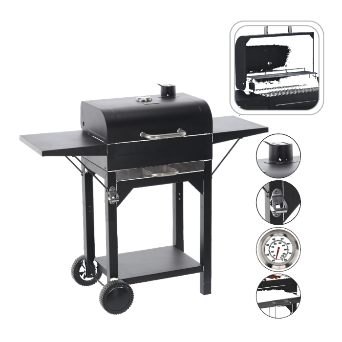 Gratar pe carbuni pentru gradina cu capac, termometru si rafturi laterale, din otel si fonta, 51x34 cm, negru [4]