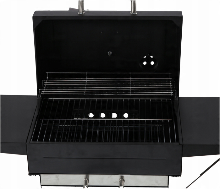 Gratar pe carbuni pentru gradina cu capac, termometru si rafturi laterale, din otel si fonta, 51x34 cm, negru [7]