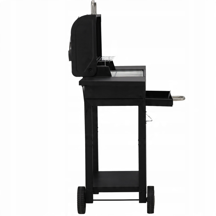 Gratar pe carbuni pentru gradina cu capac, termometru si rafturi laterale, din otel si fonta, 51x34 cm, negru [11]