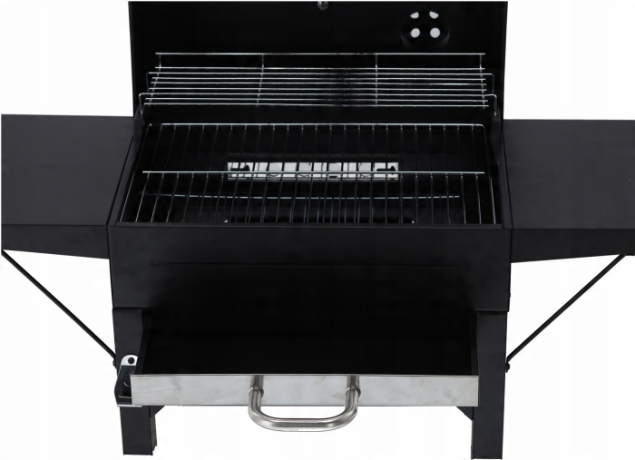 Gratar pe carbuni pentru gradina cu capac, termometru si rafturi laterale, din otel si fonta, 51x34 cm, negru [8]