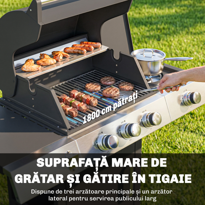  Gratar pe Gaz, 3 Arzatoare, Arzator Lateral, Gratare din Fonta, Rafturi Laterale Incluse. [4]