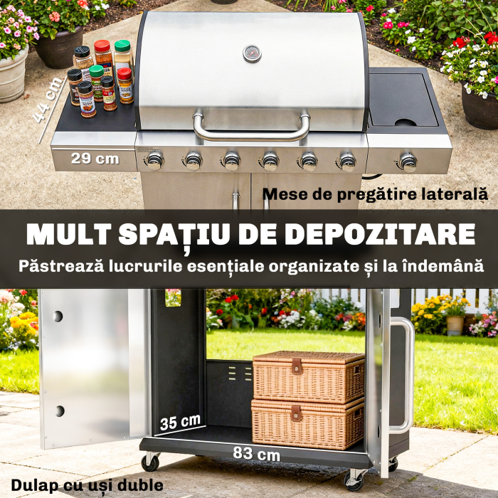  Gratar pe Gaz, 6 Arzatoare, Arzator Lateral, Grilaj din Fonta, Dulap Inclus [7]