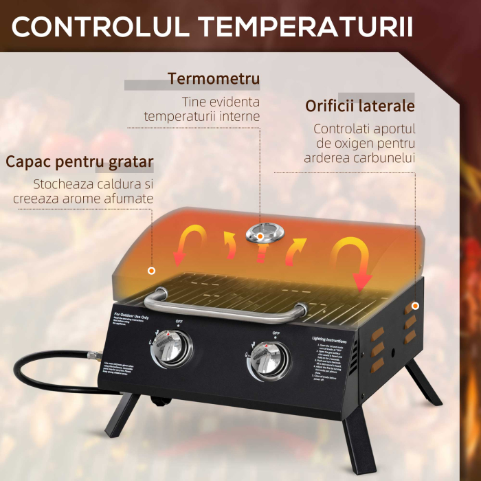  gratar pe gaz cu 2 arzatoare pentru exterior, portabil pliabil, gratar cu capac, termometru, otel carbon, Negru [5]