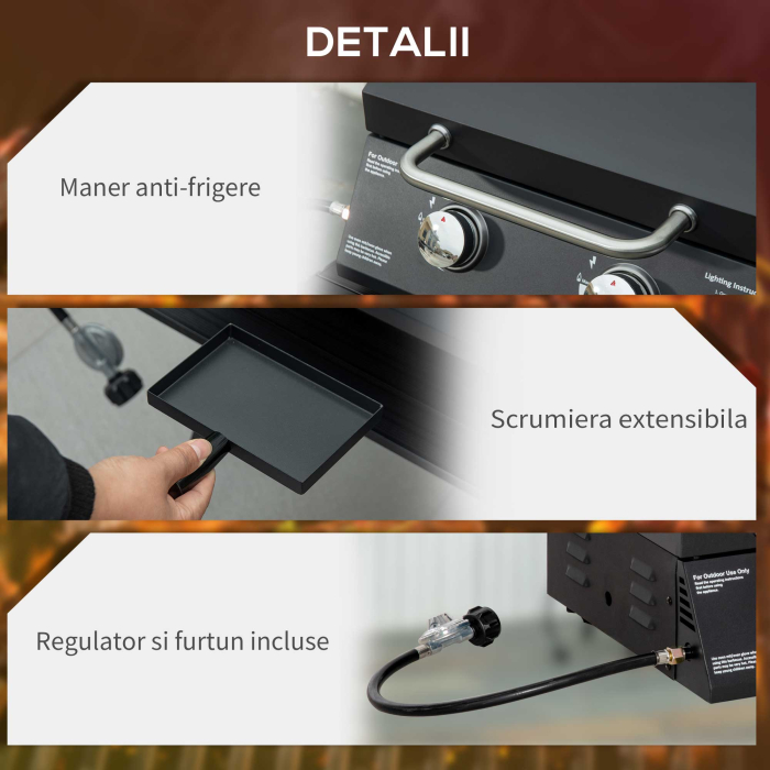  gratar pe gaz cu 2 arzatoare pentru exterior, portabil pliabil, gratar cu capac, termometru, otel carbon, Negru [7]