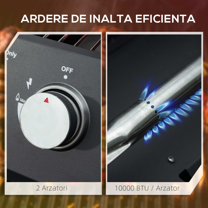  gratar pe gaz cu 2 arzatoare pentru exterior, portabil pliabil, gratar cu capac, termometru, otel carbon, Negru [4]