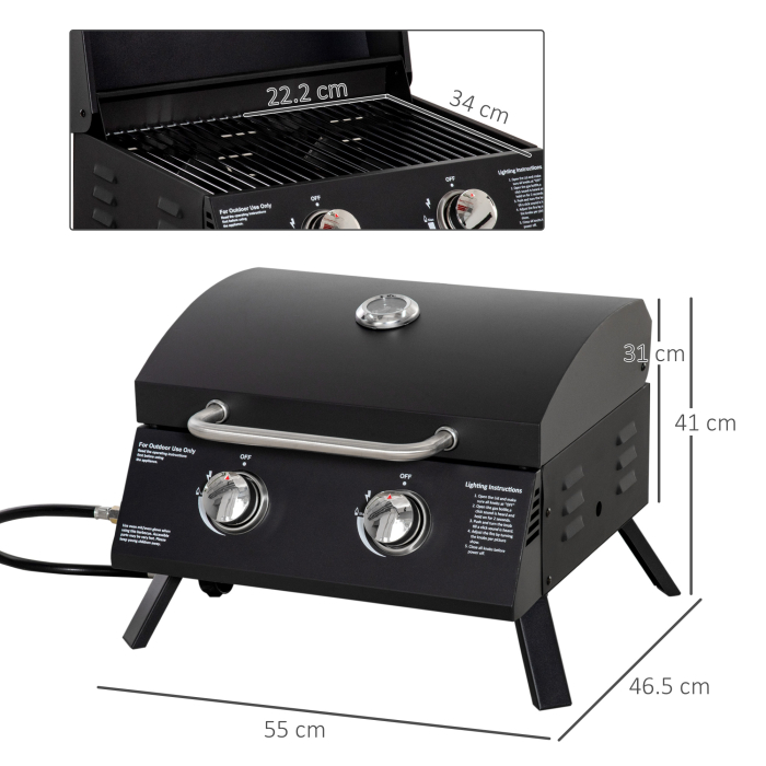  gratar pe gaz cu 2 arzatoare pentru exterior, portabil pliabil, gratar cu capac, termometru, otel carbon, Negru [3]
