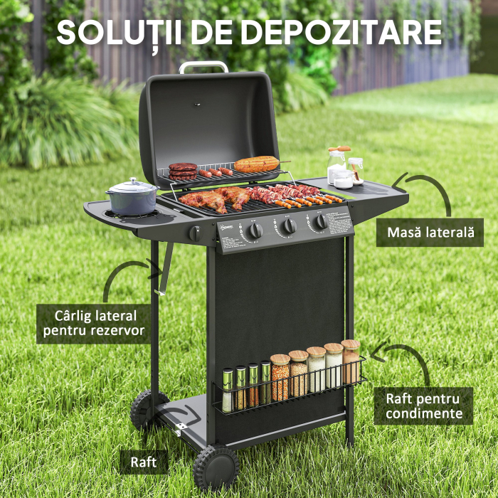  Gratar pe Gaz cu 4 Arzatoare Independente si Capac cu Termometru, 108x54x97 cm, Negru [6]