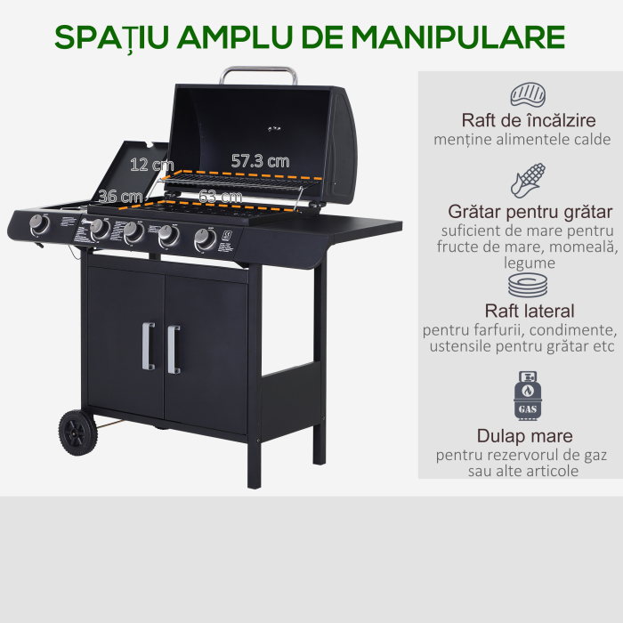  Gratar pe Gaz cu 5 Arzatoare Rafturi Laterale si Dulap [8]