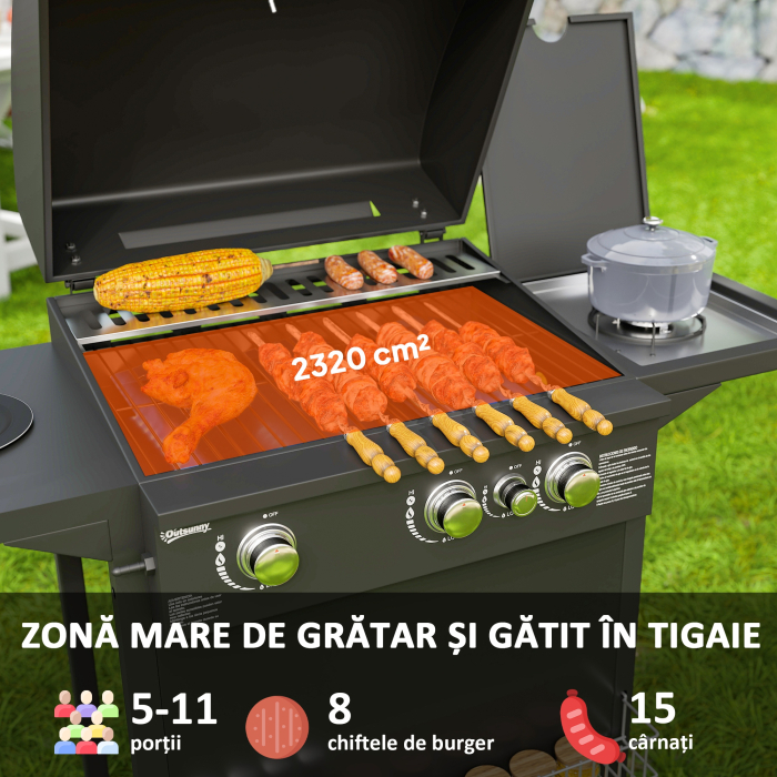  Gratar pe Gaz cu Arzatoare Independente 3+1, Capac, Termometru si Masuta Laterala, 123x57x98 cm, Negru [4]