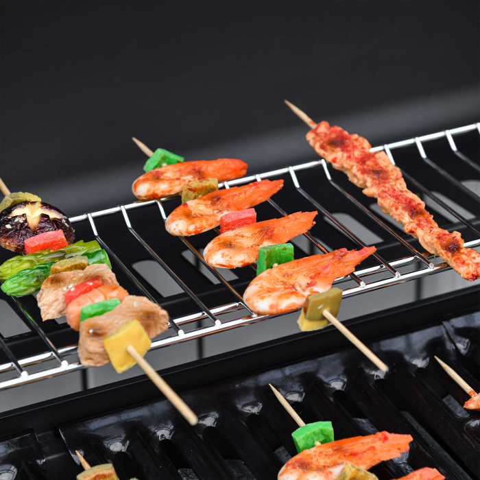  Gratar pe Gaz cu Capac, 7 Arzatoare de 20 kW in total si Arzator Lateral, Termometru, Raft si 2 Roti, 135x50x100cm Negru [8]