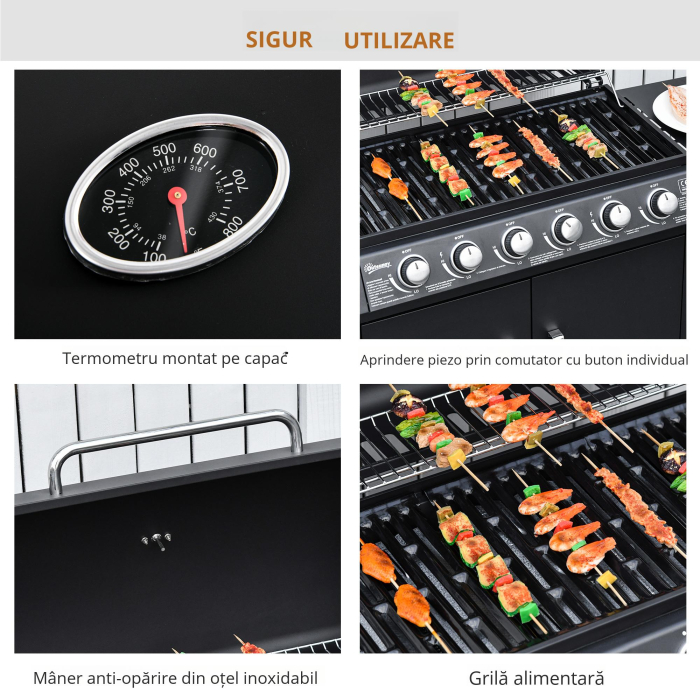  Gratar pe Gaz cu Capac, 7 Arzatoare de 20 kW in total si Arzator Lateral, Termometru, Raft si 2 Roti, 135x50x100cm Negru [6]