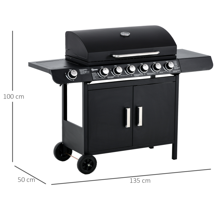  Gratar pe Gaz cu Capac, 7 Arzatoare de 20 kW in total si Arzator Lateral, Termometru, Raft si 2 Roti, 135x50x100cm Negru [3]