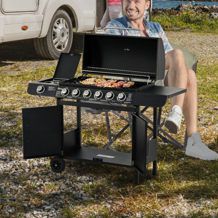  Gratar pe Gaz cu Capac, 7 Arzatoare de 20 kW in total si Arzator Lateral, Termometru, Raft si 2 Roti, 135x50x100cm Negru [2]