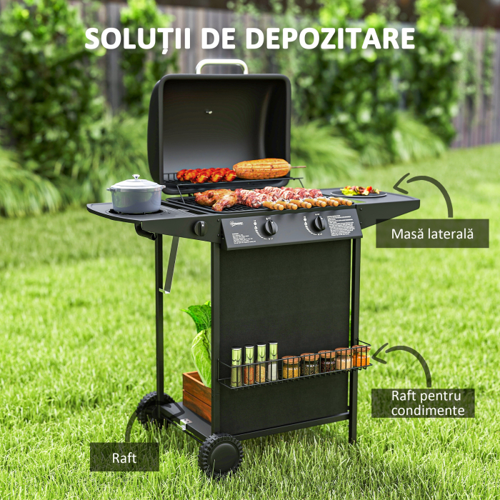  Gratar pe Gaz cu Capac, Termometru, Masuta Laterala si Tava pentru Colectarea Grasimii, 107x54x96 cm, Negru [6]
