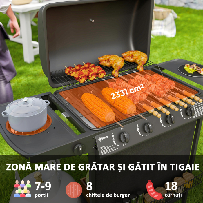  Gratar pe Gaz cu Capac, Termometru, Masuta Laterala si Tava pentru Colectarea Grasimii, 121x54x97 cm, Negru [4]