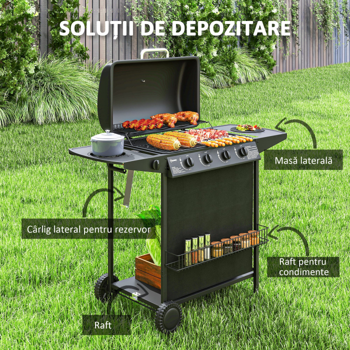  Gratar pe Gaz cu Capac, Termometru, Masuta Laterala si Tava pentru Colectarea Grasimii, 121x54x97 cm, Negru [6]