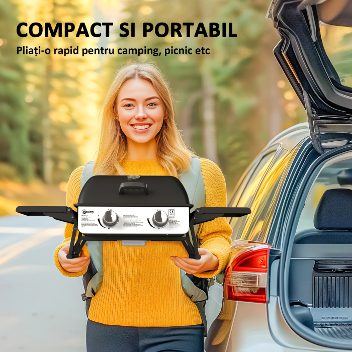  Gratar pe Gaz Portabil cu 2 Arzatoare si Capac cu Termometru, Negru [4]