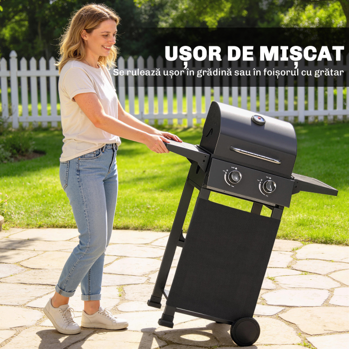 Gratar pe Gaz Protan cu 2 Arzatoare, Portabil, Termometru, Negru [8]