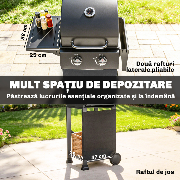  Gratar pe Gaz Protan cu 2 Arzatoare, Portabil, Termometru, Negru [7]