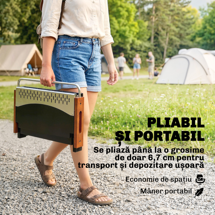  Gratar Portabil cu Carbune, Tava Detasabila, din Otel Inoxidabil si Metal, 50,5x34x33 cm, Negru [4]