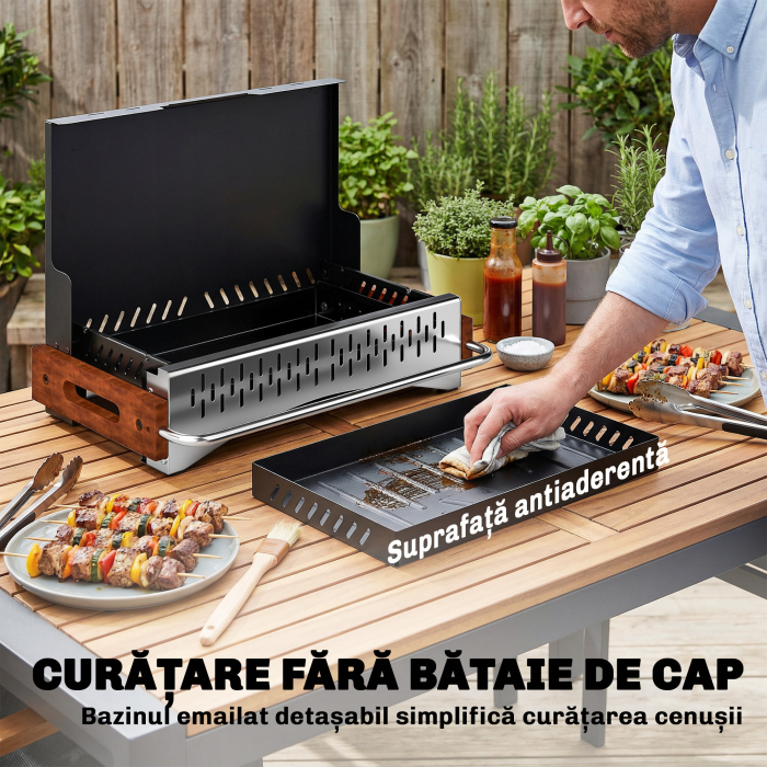  Gratar Portabil cu Carbune, Tava Detasabila, din Otel Inoxidabil si Metal, 50,5x34x33 cm, Negru [7]