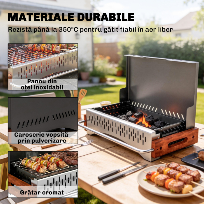  Gratar Portabil cu Carbune, Tava Detasabila, din Otel Inoxidabil si Metal, 50,5x34x33 cm, Negru [6]