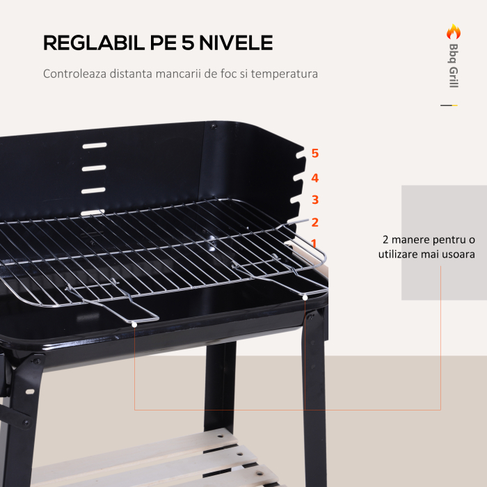 Gril cu Carbune Barbecue Picnic Inaltime Reglabila Negru 87x 45 x 83 cm [4]