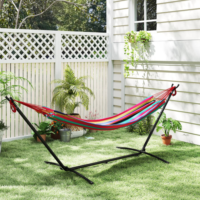  Hamac cu Suport 310x117cm pentru Camping cu inaltime Reglabila si Geanta de Transport, Capacitate 120 kg, Dungi Portocaliu si Rosu [9]