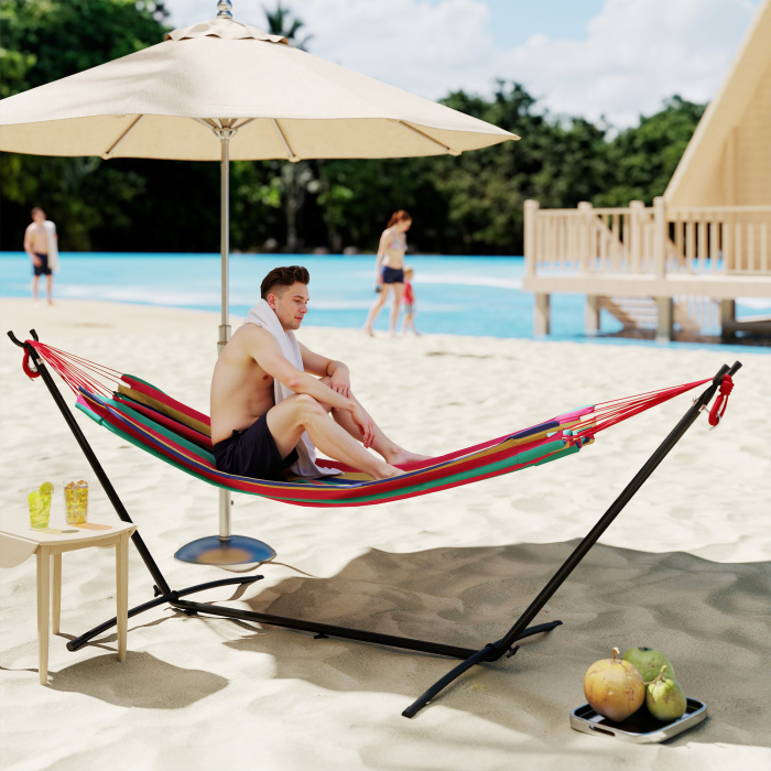  Hamac cu Suport 310x117cm pentru Camping cu inaltime Reglabila si Geanta de Transport, Capacitate 120 kg, Dungi Portocaliu si Rosu [2]