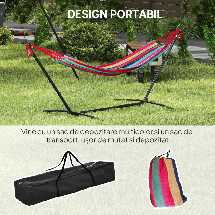  Hamac cu Suport 310x117cm pentru Camping cu inaltime Reglabila si Geanta de Transport, Capacitate 120 kg, Dungi Portocaliu si Rosu [7]