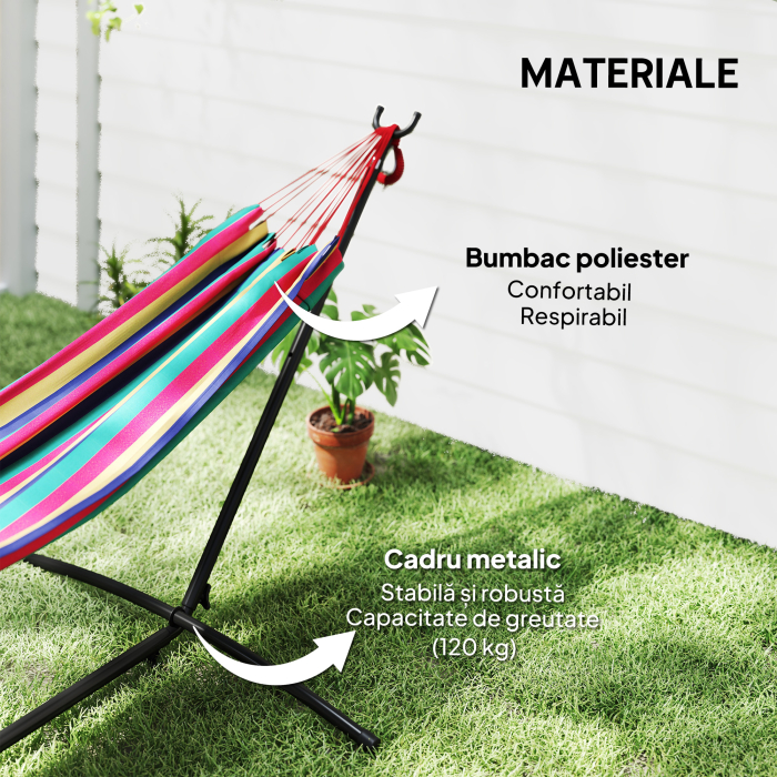  Hamac cu Suport 310x117cm pentru Camping cu inaltime Reglabila si Geanta de Transport, Capacitate 120 kg, Dungi Portocaliu si Rosu [5]