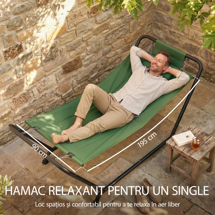  Hamac de Gradina cu Suport, Buzunar Lateral si Tetiera, din Metal si Poliester, 237x90x92 cm, Verde inchis [4]