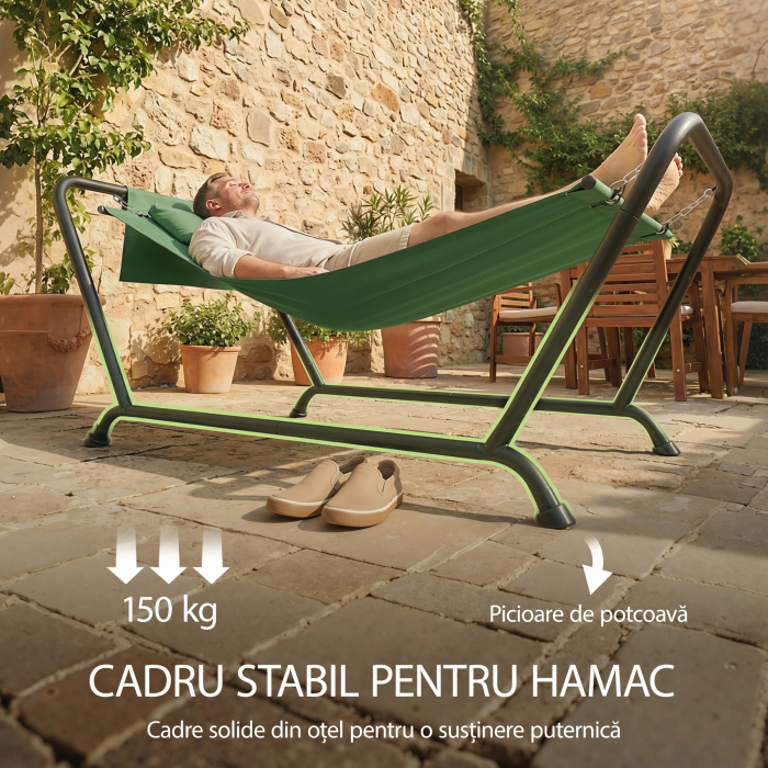  Hamac de Gradina cu Suport, Buzunar Lateral si Tetiera, din Metal si Poliester, 237x90x92 cm, Verde inchis [8]