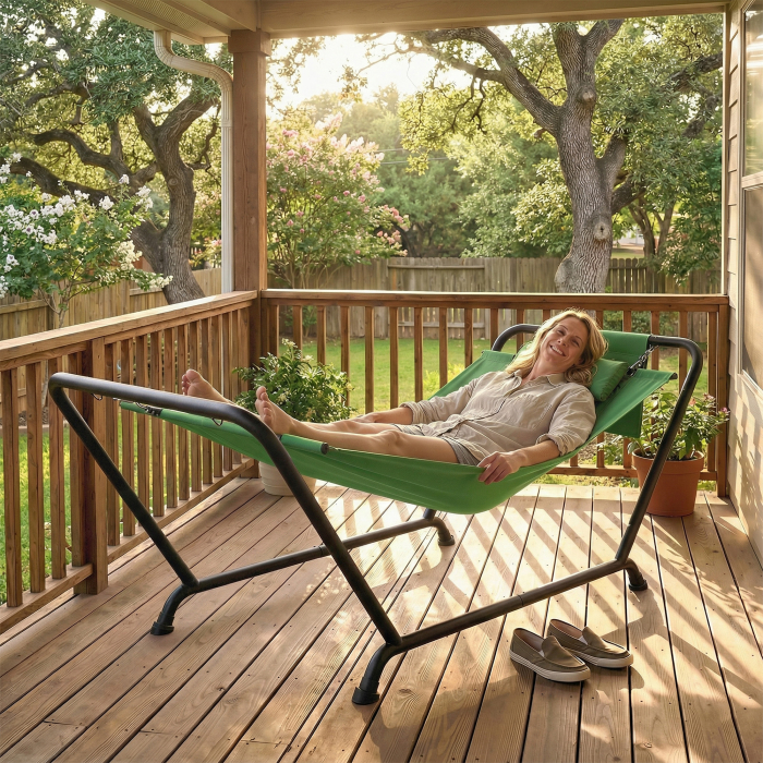  Hamac de Gradina cu Suport, Buzunar Lateral si Tetiera, din Metal si Poliester, 237x90x92 cm, Verde inchis [9]