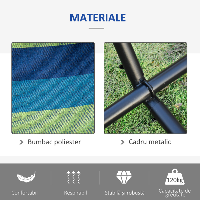  Hamac de Gradina Suspendat 310x117 cm cu inaltime Reglabila si Suport, Capacitate 120 kg, Hamac Autoportant cu Geanta de Transport, pentru Camping, Gradina, Balcon, Patio, Verde si Albastru [5]