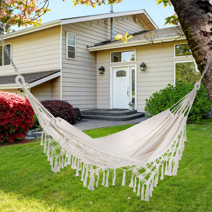  Hamac de Gradina Suspendat din Panza cu Franjuri si Geanta de Transport, 288x150 cm, Crem [2]