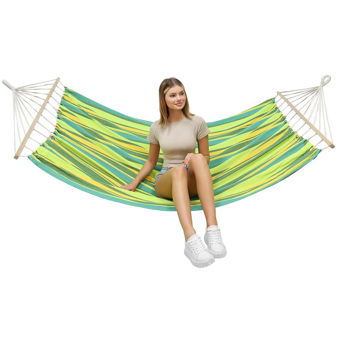 Hamac dublu cu bare din lemn, pentru 2 persoane, bumbac, 150kg, 200x150 cm, verde si galben [5]