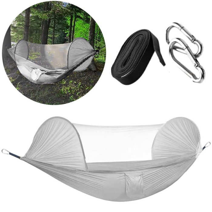 Hamac dublu din material parasuta 140x260cm, cu plasa de tantari si geanta transport, gri [7]