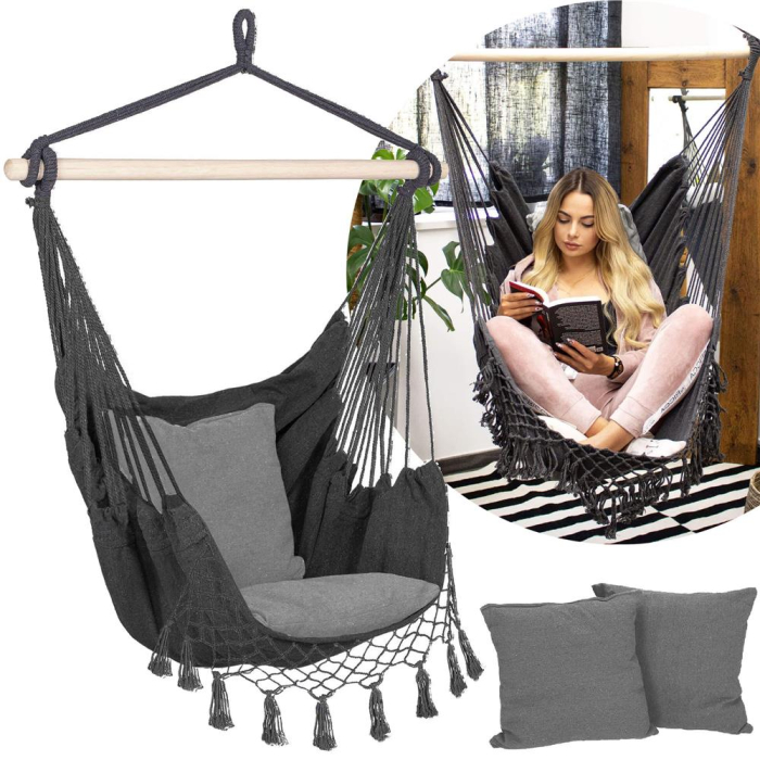 Hamac tip leagan suspendat pentru casa sau gradina, gri cu perne, 130x100cm, 150kg [5]