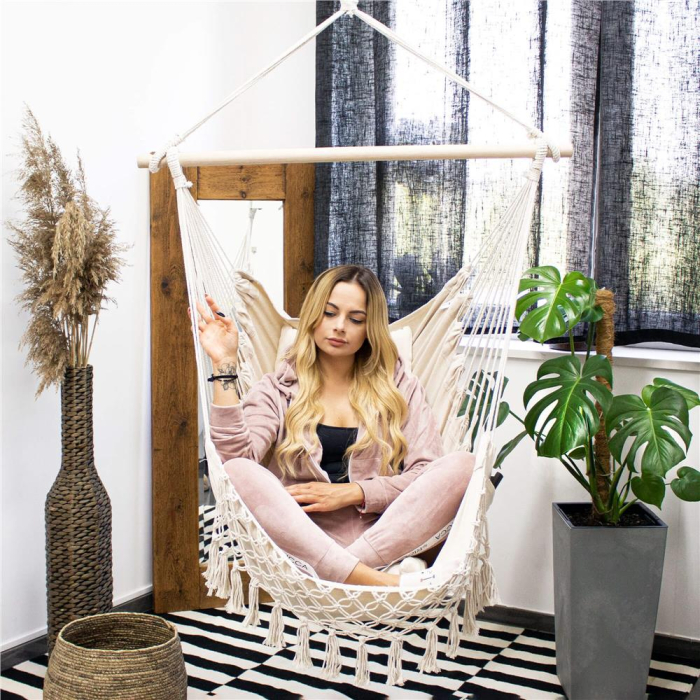 Hamac tip leagan suspendat pentru casa sau gradina HM40, crem, cu perne, 130x100cm, 150kg [7]