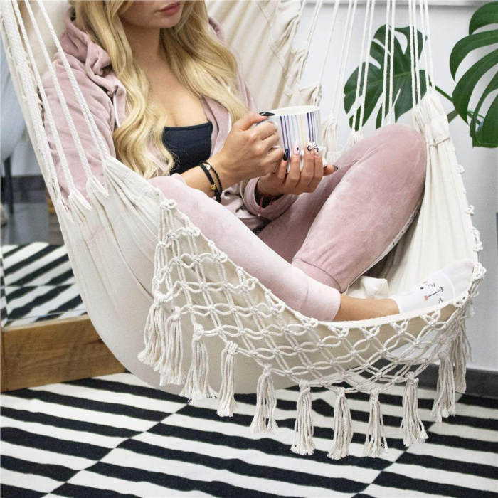 Hamac tip leagan suspendat pentru casa sau gradina HM40, crem, cu perne, 130x100cm, 150kg [8]