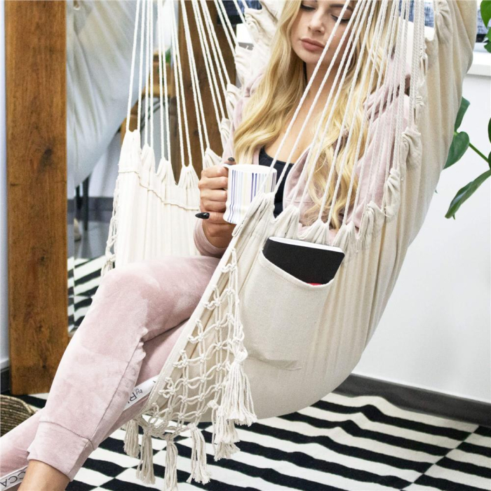 Hamac tip leagan suspendat pentru casa sau gradina HM40, crem, cu perne, 130x100cm, 150kg [6]