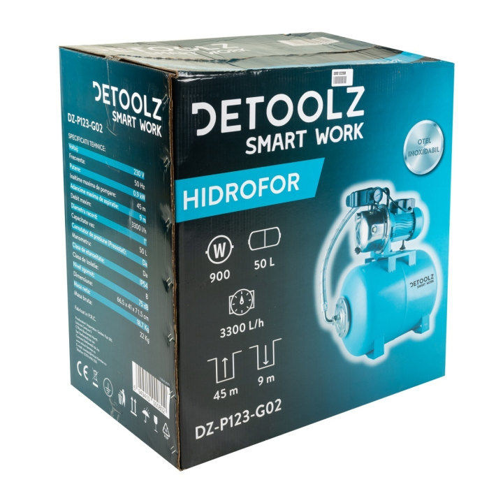 Hidrofor 0.9 KW Detoolz DZ-P123-G02, Debit Maxim 3300L/h, Inaltime Maxima Pompare 45M, Corp Pompa Inox, Butelie 50L [6]