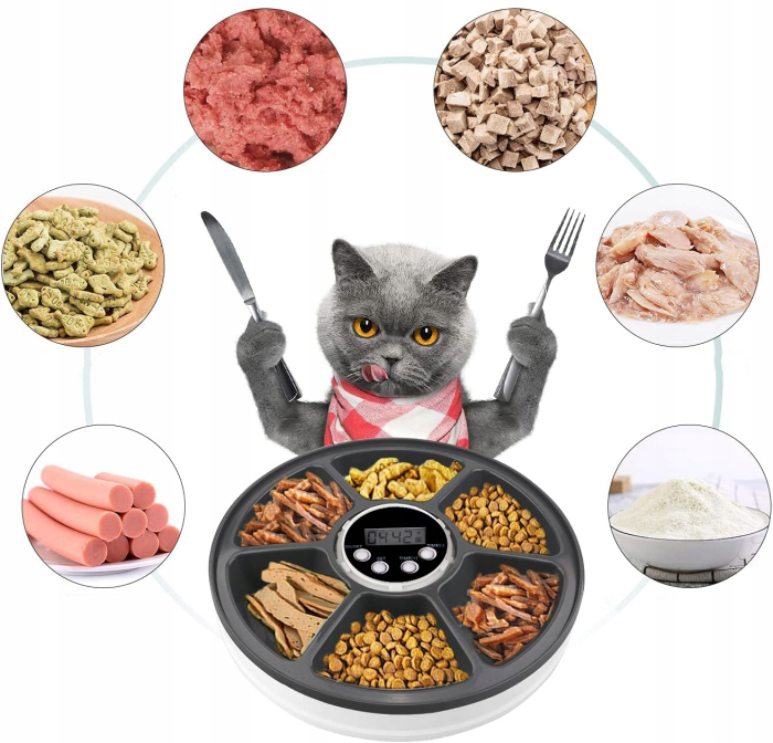 Hranitor automat pentru caini si pisici, sunet hranire, capacitate dispenser 6x70gr, cu display digital [4]