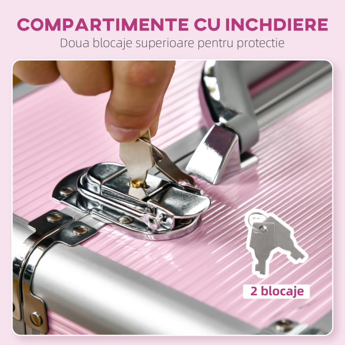  Husa pentru calatorii de machiaj, carucior mare de depozitare pentru produse cosmetice, portbagaj pentru carucior de calatorie cu blocare cu tavi pliabile, roti pivotante si chei, roz [6]