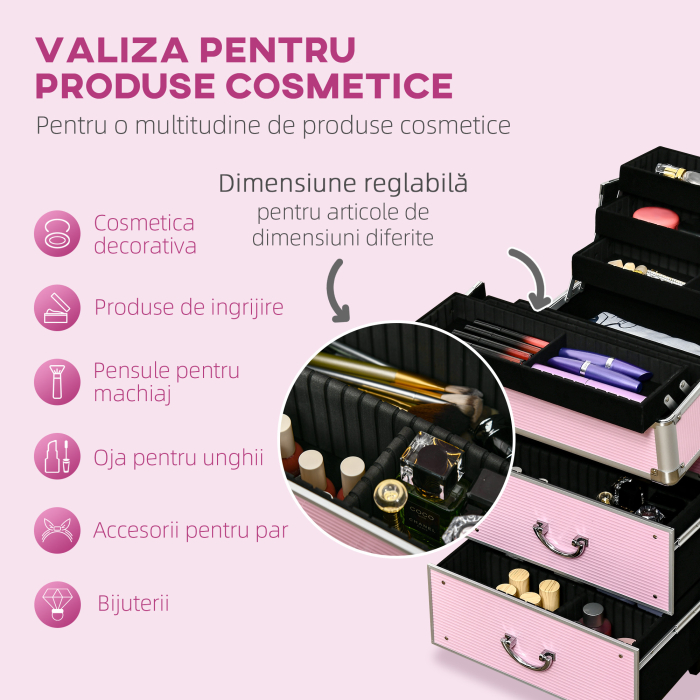  Husa pentru calatorii de machiaj, carucior mare de depozitare pentru produse cosmetice, portbagaj pentru carucior de calatorie cu blocare cu tavi pliabile, roti pivotante si chei, roz [4]