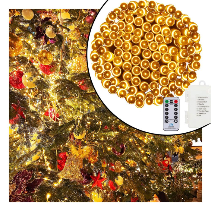 Instalatie lumini de exterior pentru gradina, 9 metri, 120 LED-uri, cu baterii, galben [8]