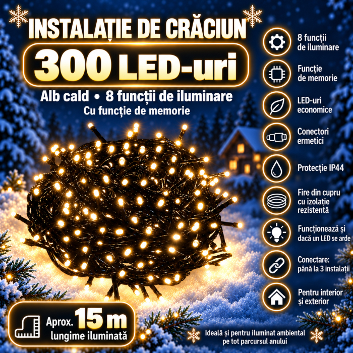 Instalatie lumini pentru bradul de Craciun, 17,5 metri, 300 LED-uri, 8 functii, alb cald [2]
