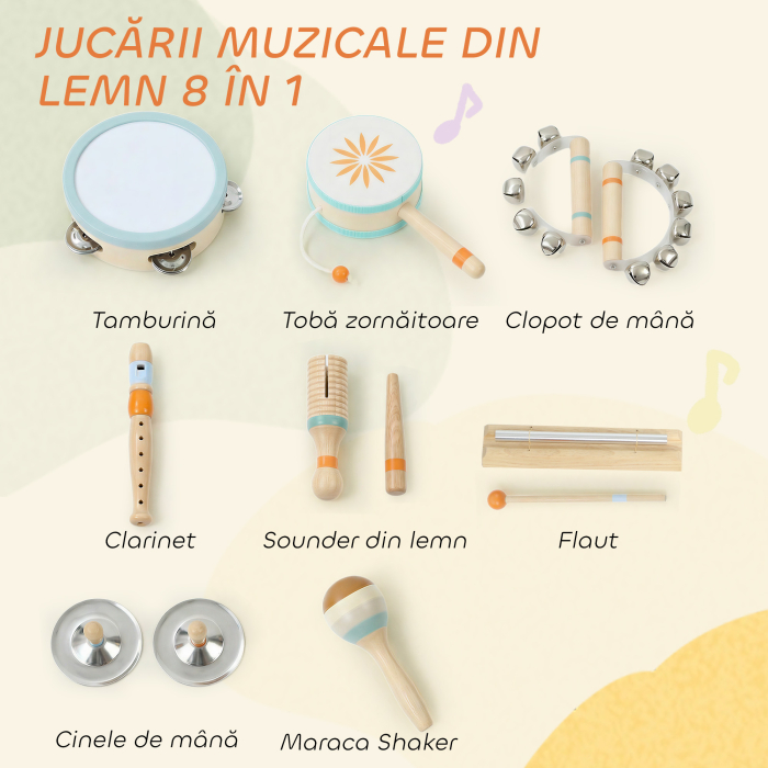  Instrumente Muzicale pentru Copii, Jucarii Muzicale Montessori din Lemn pentru Copii 3+, Set de Percutie cu Tamburina si Maracas, Cadou pentru Fete si Baieti [4]