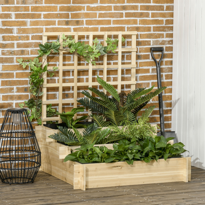  Jardiniera cu 3 Niveluri cu Grilaj pentru Catarat Vita de Vie, Paturi Suprainaltate din Lemn pentru Gradina, Jardiniera in Aer Liber pentru Legume, Flori, Ierburi, Nuanta Natur [2]